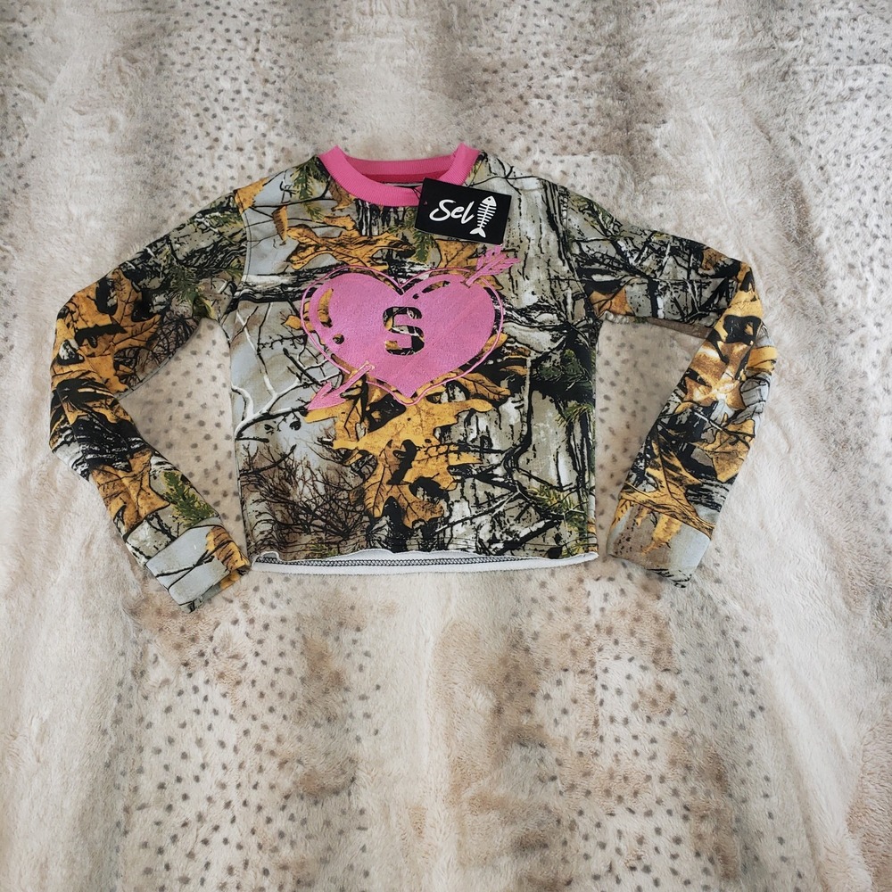Sel Girls Pink Heart Logo Camo Fleece Lined Long Sleeve Top Sz S